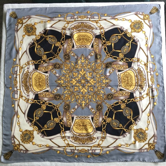 Silk Scarf - Gold Chains Tassels Filigree Design - Gray Black Cream Gold 34” - Picture 9 of 9